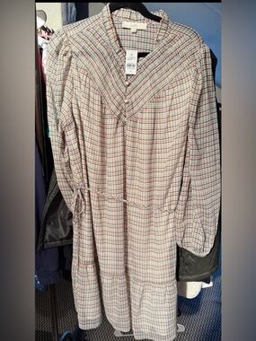 LOFT Neutral Plaid Tiered Button-Front Dress